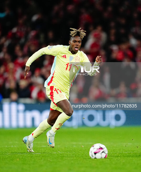 Nico Williams of Spain  controls the ball during the Nations League Round 5 match between Denmark against Spain at Parken, Copenhagen, Denma...