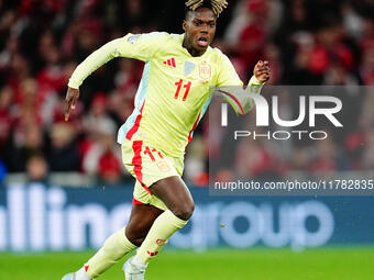 Nico Williams of Spain  controls the ball during the Nations League Round 5 match between Denmark against Spain at Parken, Copenhagen, Denma...