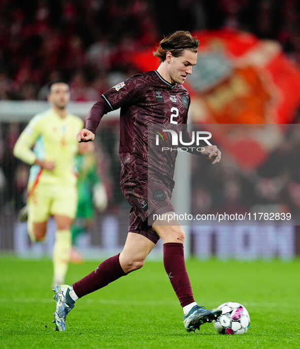 Joachim Andersen of Denmark  controls the ball during the Nations League Round 5 match between Denmark against Spain at Parken, Copenhagen,...