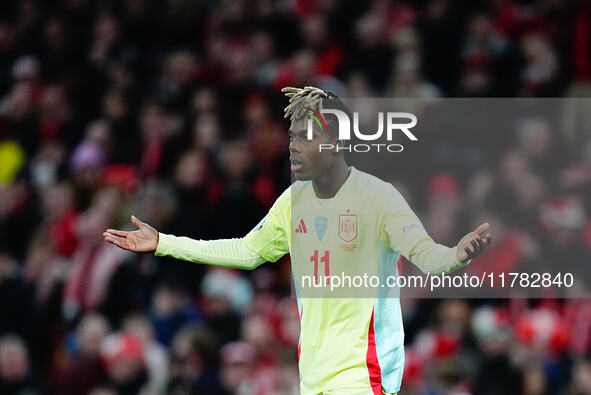 Nico Williams of Spain  looks on during the Nations League Round 5 match between Denmark against Spain at Parken, Copenhagen, Denmark on Nov...