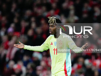 Nico Williams of Spain  looks on during the Nations League Round 5 match between Denmark against Spain at Parken, Copenhagen, Denmark on Nov...