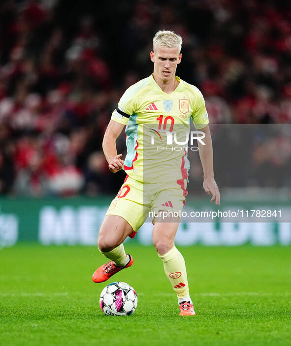 Dani Olmo of Spain  controls the ball during the Nations League Round 5 match between Denmark against Spain at Parken, Copenhagen, Denmark o...