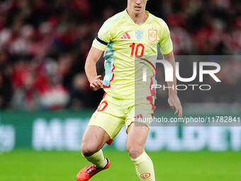 Dani Olmo of Spain  controls the ball during the Nations League Round 5 match between Denmark against Spain at Parken, Copenhagen, Denmark o...