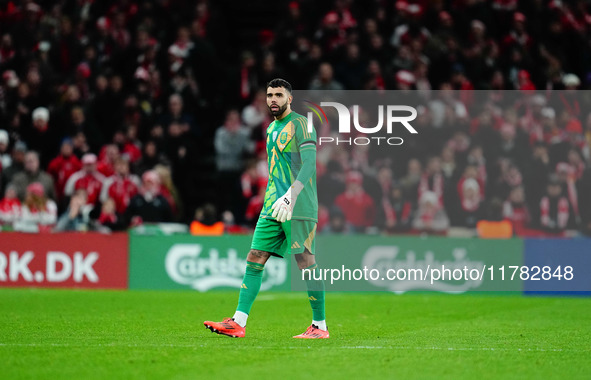 David Raya of Spain  looks on during the Nations League Round 5 match between Denmark against Spain at Parken, Copenhagen, Denmark on Novemb...