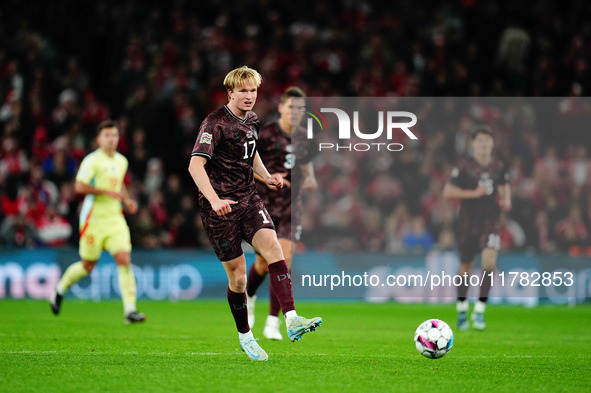 Victor Kristiansen of Denmark  controls the ball during the Nations League Round 5 match between Denmark against Spain at Parken, Copenhagen...