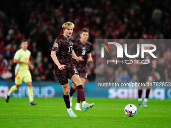 Victor Kristiansen of Denmark  controls the ball during the Nations League Round 5 match between Denmark against Spain at Parken, Copenhagen...