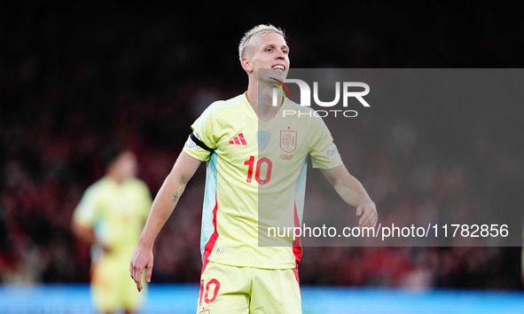 Dani Olmo of Spain  looks on during the Nations League Round 5 match between Denmark against Spain at Parken, Copenhagen, Denmark on Novembe...