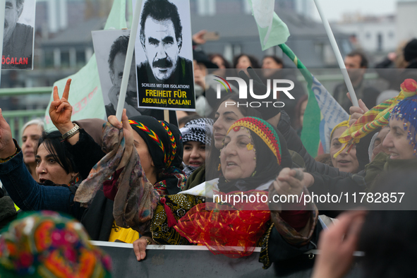 Thousands of Kurds demonstrate for the release of Kurdish leader Abdullah Ocalan in Cologne, Germany, on November 16, 2024. 