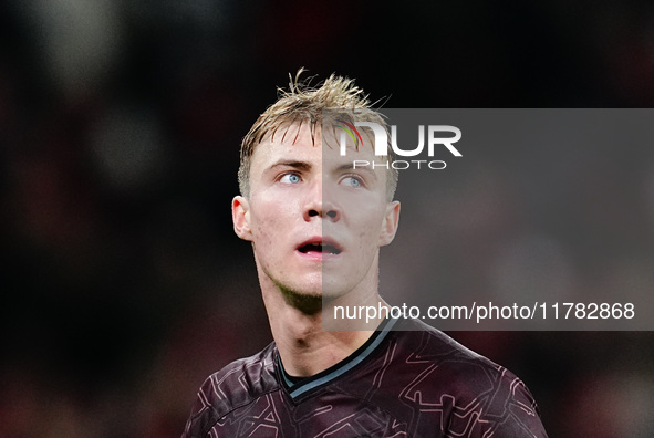 Rasmus Hoejlund of Denmark  looks on during the Nations League Round 5 match between Denmark against Spain at Parken, Copenhagen, Denmark on...