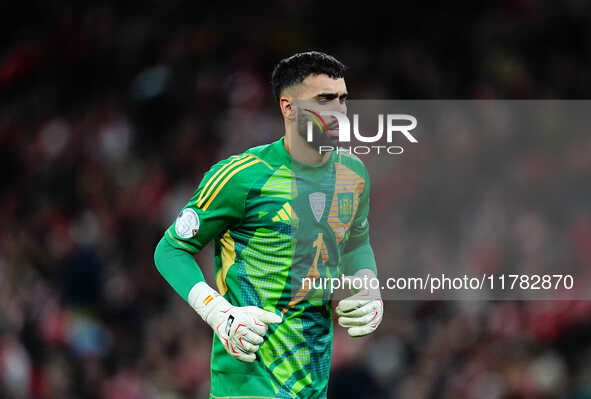 David Raya of Spain  looks on during the Nations League Round 5 match between Denmark against Spain at Parken, Copenhagen, Denmark on Novemb...