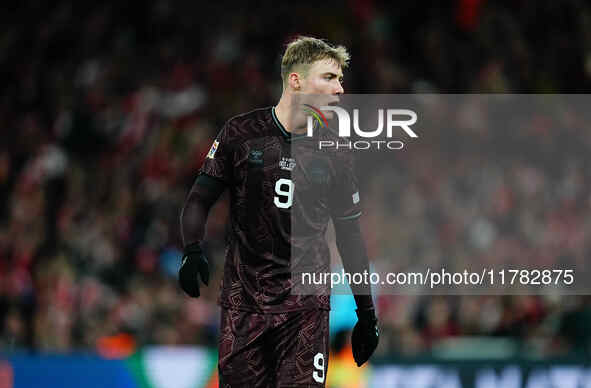 Rasmus Hoejlund of Denmark  looks on during the Nations League Round 5 match between Denmark against Spain at Parken, Copenhagen, Denmark on...