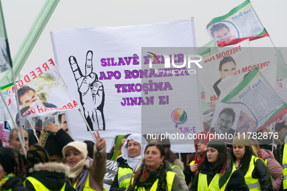 Thousands of Kurds demonstrate for the release of Kurdish leader Abdullah Ocalan in Cologne, Germany, on November 16, 2024. 