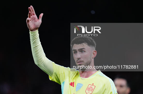 Aymeric Laporte of Spain  gestures during the Nations League Round 5 match between Denmark against Spain at Parken, Copenhagen, Denmark on N...