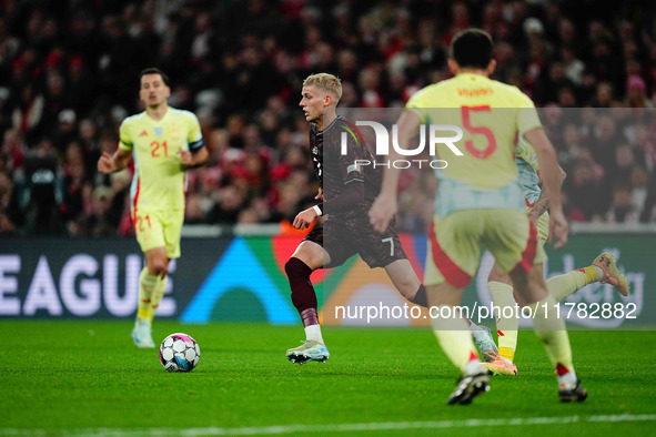 Albert Groenbaek of Denmark  controls the ball during the Nations League Round 5 match between Denmark against Spain at Parken, Copenhagen,...