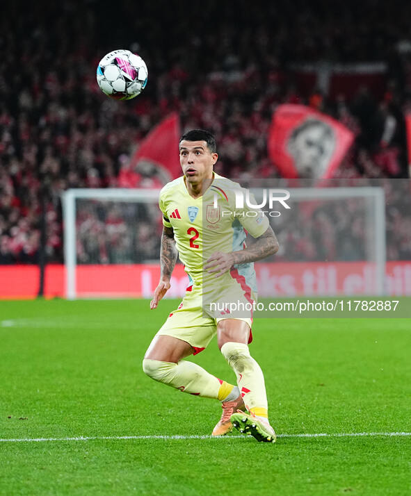 Pedro Porro of Spain  controls the ball during the Nations League Round 5 match between Denmark against Spain at Parken, Copenhagen, Denmark...