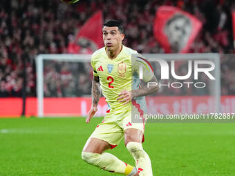 Pedro Porro of Spain  controls the ball during the Nations League Round 5 match between Denmark against Spain at Parken, Copenhagen, Denmark...