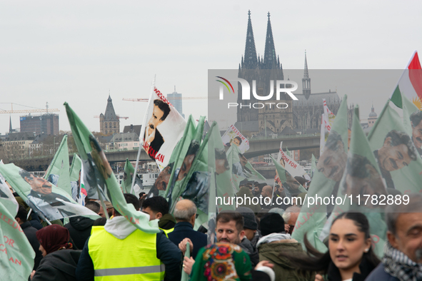 Thousands of Kurds demonstrate for the release of Kurdish leader Abdullah Ocalan in Cologne, Germany, on November 16, 2024. 