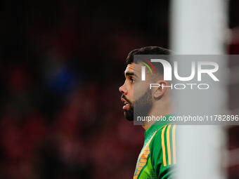 David Raya of Spain  looks on during the Nations League Round 5 match between Denmark against Spain at Parken, Copenhagen, Denmark on Novemb...