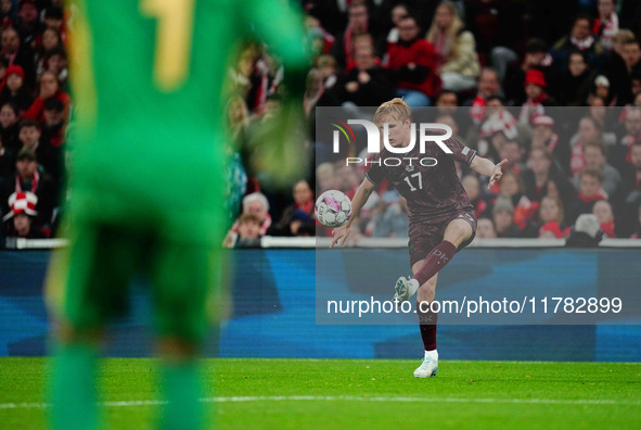 Victor Kristiansen of Denmark  controls the ball during the Nations League Round 5 match between Denmark against Spain at Parken, Copenhagen...