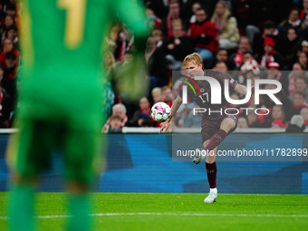 Victor Kristiansen of Denmark  controls the ball during the Nations League Round 5 match between Denmark against Spain at Parken, Copenhagen...