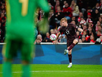 Victor Kristiansen of Denmark  controls the ball during the Nations League Round 5 match between Denmark against Spain at Parken, Copenhagen...