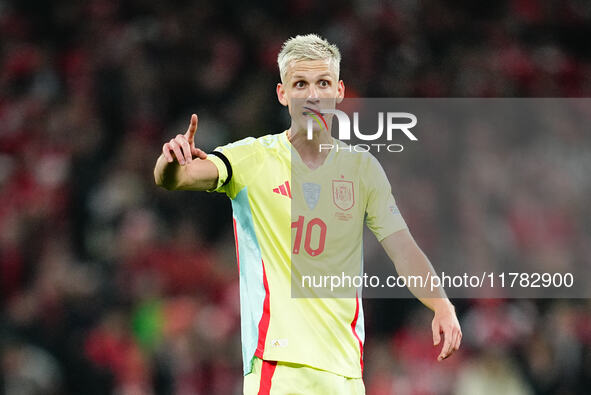 Dani Olmo of Spain  looks on during the Nations League Round 5 match between Denmark against Spain at Parken, Copenhagen, Denmark on Novembe...