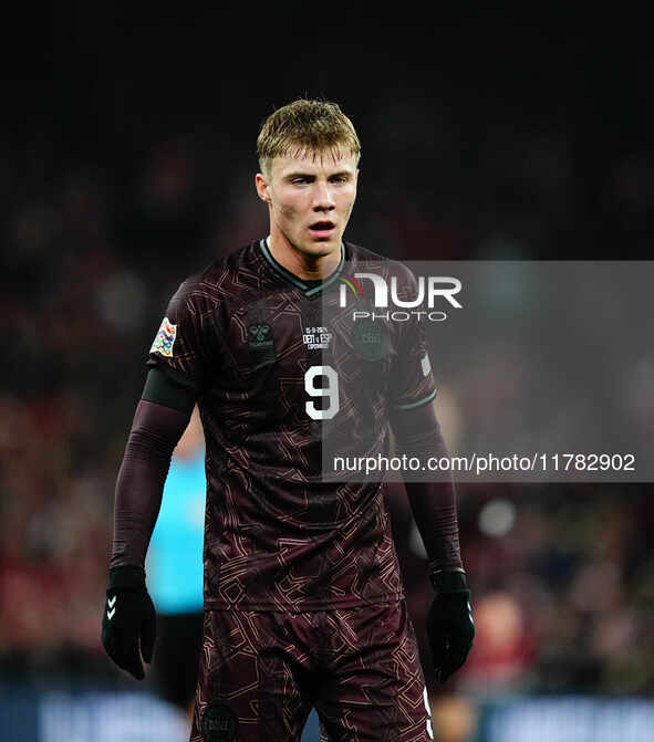 Rasmus Hoejlund of Denmark  looks on during the Nations League Round 5 match between Denmark against Spain at Parken, Copenhagen, Denmark on...