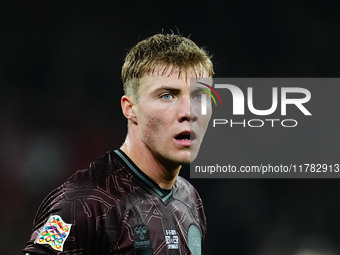 Rasmus Hoejlund of Denmark  looks on during the Nations League Round 5 match between Denmark against Spain at Parken, Copenhagen, Denmark on...