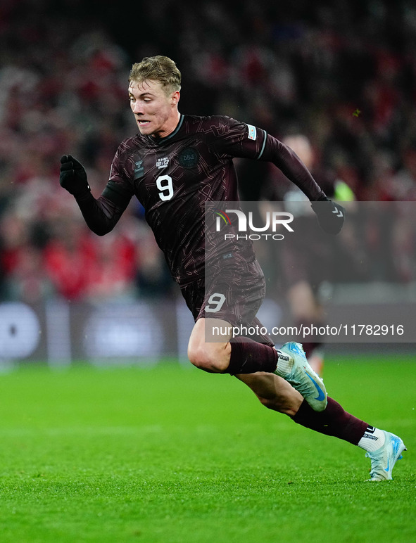 Rasmus Hoejlund of Denmark  looks on during the Nations League Round 5 match between Denmark against Spain at Parken, Copenhagen, Denmark on...