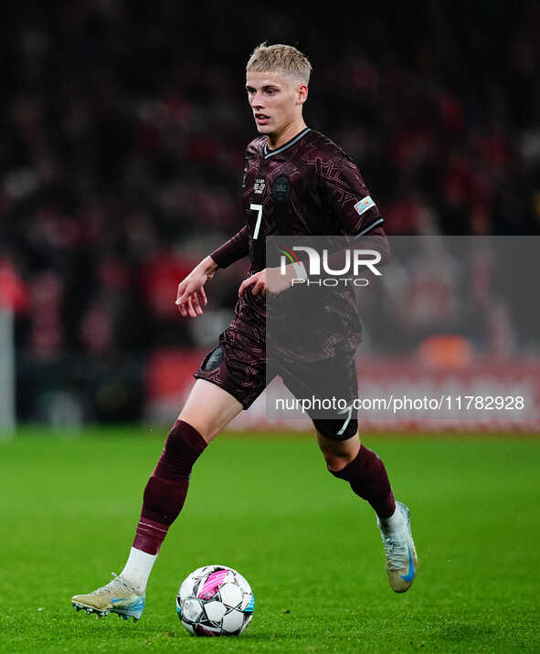 Albert Groenbaek of Denmark  controls the ball during the Nations League Round 5 match between Denmark against Spain at Parken, Copenhagen,...