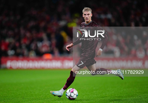 Albert Groenbaek of Denmark  controls the ball during the Nations League Round 5 match between Denmark against Spain at Parken, Copenhagen,...