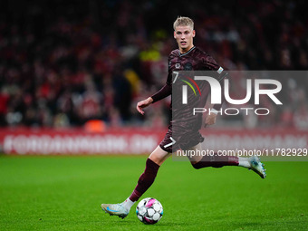 Albert Groenbaek of Denmark  controls the ball during the Nations League Round 5 match between Denmark against Spain at Parken, Copenhagen,...