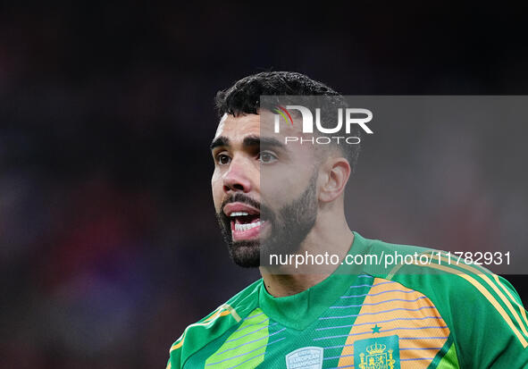 David Raya of Spain  looks on during the Nations League Round 5 match between Denmark against Spain at Parken, Copenhagen, Denmark on Novemb...