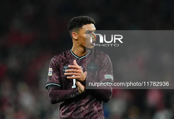 Alexander Bah of Denmark  looks on during the Nations League Round 5 match between Denmark against Spain at Parken, Copenhagen, Denmark on N...