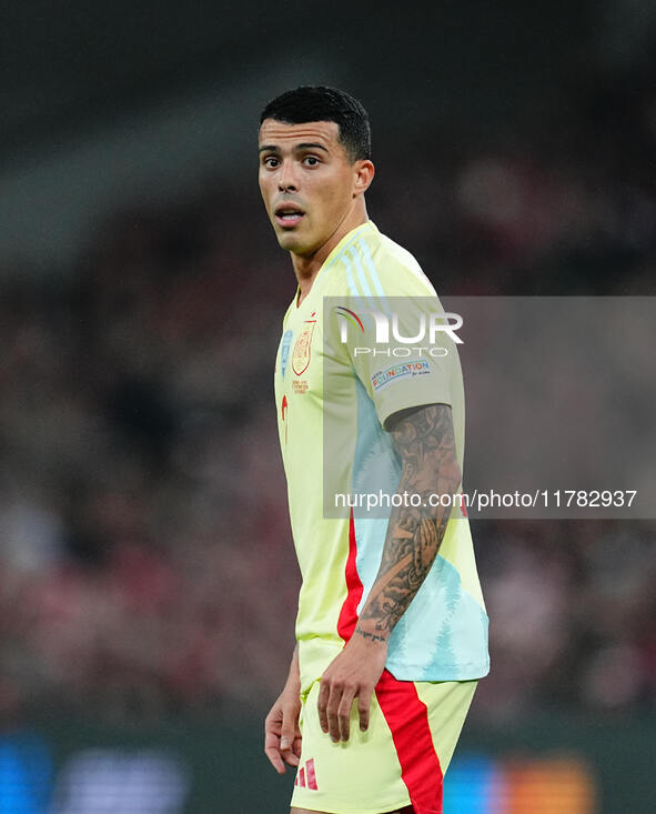 Pedro Porro of Spain  looks on during the Nations League Round 5 match between Denmark against Spain at Parken, Copenhagen, Denmark on Novem...