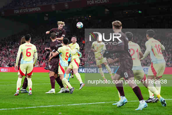 Morten Hjulmand of Denmark  heads during the Nations League Round 5 match between Denmark against Spain at Parken, Copenhagen, Denmark on No...