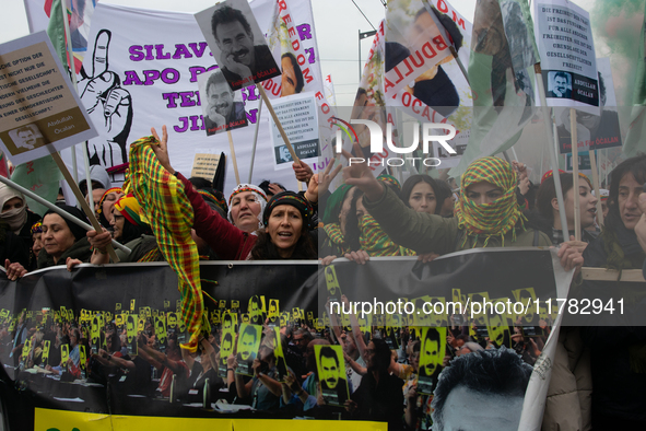 Thousands of Kurds demonstrate for the release of Kurdish leader Abdullah Ocalan in Cologne, Germany, on November 16, 2024. 