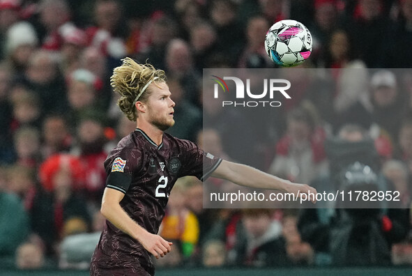 Morten Hjulmand of Denmark  controls the ball during the Nations League Round 5 match between Denmark against Spain at Parken, Copenhagen, D...