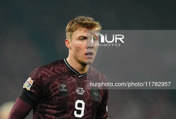 Rasmus Hoejlund of Denmark  looks on during the Nations League Round 5 match between Denmark against Spain at Parken, Copenhagen, Denmark on...