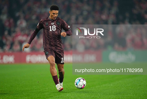 Alexander Bah of Denmark  controls the ball during the Nations League Round 5 match between Denmark against Spain at Parken, Copenhagen, Den...