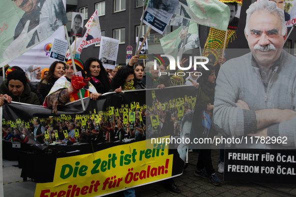 Thousands of Kurds demonstrate for the release of Kurdish leader Abdullah Ocalan in Cologne, Germany, on November 16, 2024. 