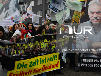 Thousands of Kurds demonstrate for the release of Kurdish leader Abdullah Ocalan in Cologne, Germany, on November 16, 2024. (