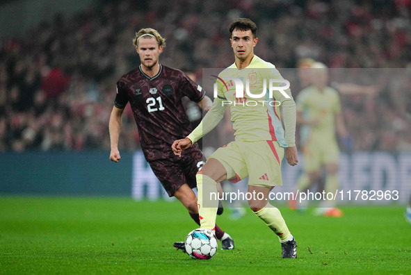 Martin Zubimendi of Spain  controls the ball during the Nations League Round 5 match between Denmark against Spain at Parken, Copenhagen, De...