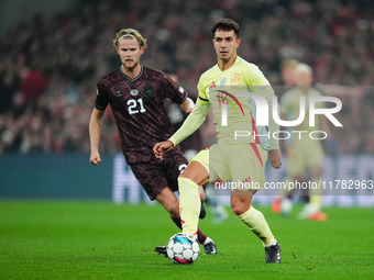 Martin Zubimendi of Spain  controls the ball during the Nations League Round 5 match between Denmark against Spain at Parken, Copenhagen, De...