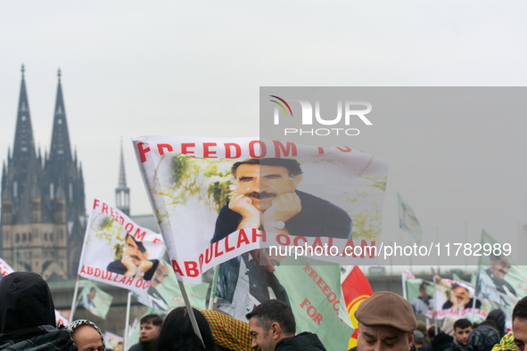 Thousands of Kurds demonstrate for the release of Kurdish leader Abdullah Ocalan in Cologne, Germany, on November 16, 2024. 