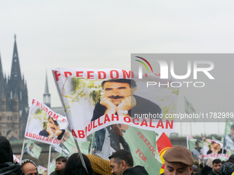 Thousands of Kurds demonstrate for the release of Kurdish leader Abdullah Ocalan in Cologne, Germany, on November 16, 2024. (