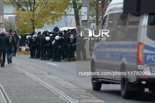 Police are present at the demonstration site as thousands of Kurds demonstrate for the release of Kurdish Leader Abdullah Ocalan in Cologne,...