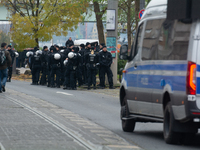 Police are present at the demonstration site as thousands of Kurds demonstrate for the release of Kurdish Leader Abdullah Ocalan in Cologne,...