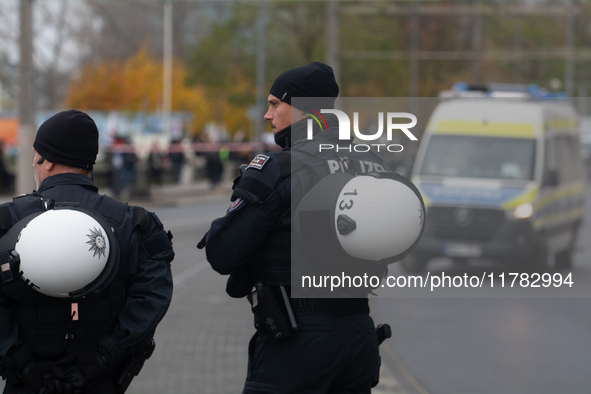 Police are present at the demonstration site as thousands of Kurds demonstrate for the release of Kurdish Leader Abdullah Ocalan in Cologne,...