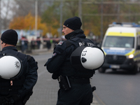 Police are present at the demonstration site as thousands of Kurds demonstrate for the release of Kurdish Leader Abdullah Ocalan in Cologne,...